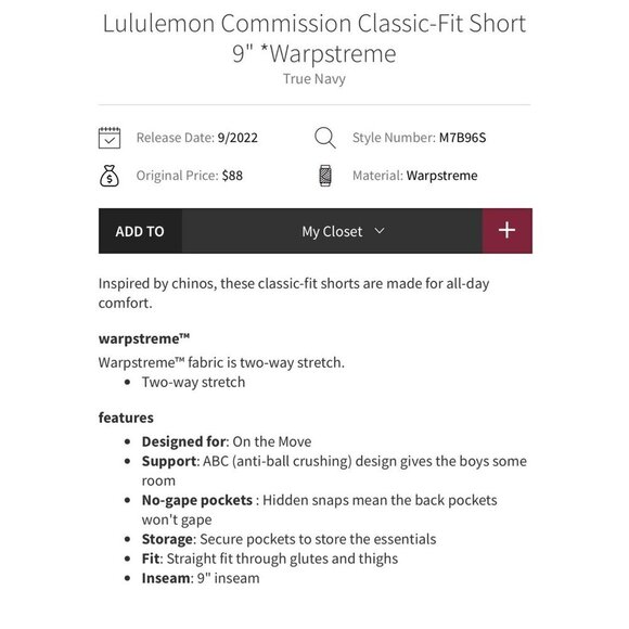 Lululemon Commission classic fit shorts, navy, Size 34 B175 - Picture 4 of 10